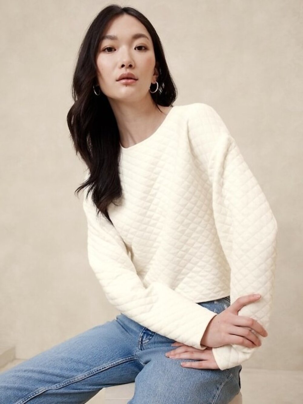 Banana Republic Ivory Creme Off-White Snow Day Quilted Crop Sweatshirt Top M